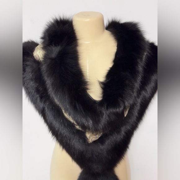 Vintage Black Mink Arctic Fox Fur Shawl Oversized Gold Trim Adjustable Stole - Picture 4 of 16